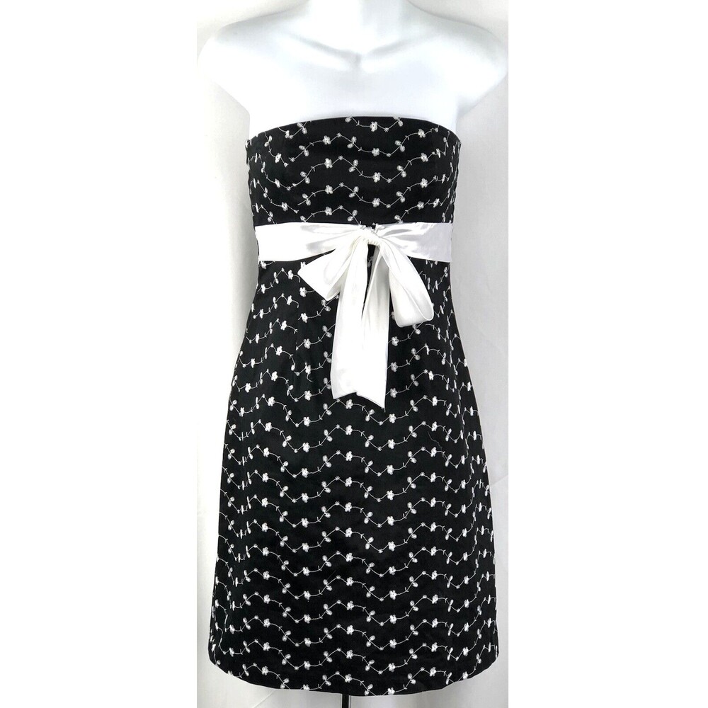 Vintage strapless A-Line dress 5/6 BIK/Wht floral Bow embroidered Coquette fairy
